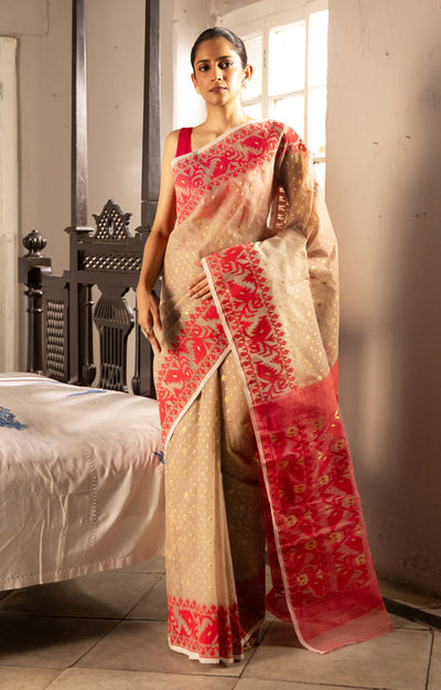 Beige Jamdani Saree With Red Woven Design