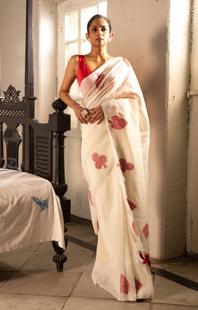 Stunning Off-White Linen Saree With 'Taash' Jamdani Work In Red