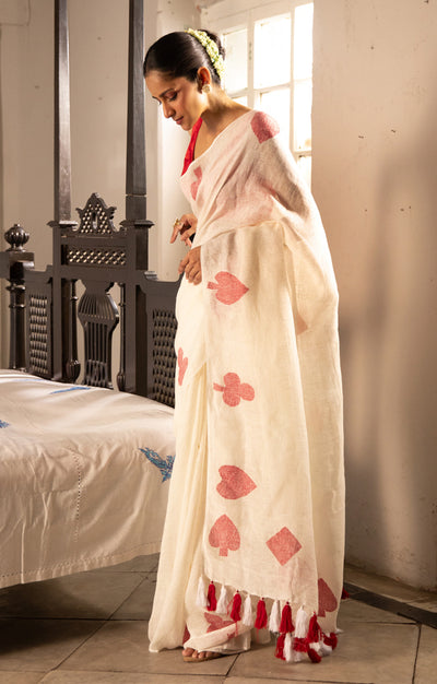 Stunning Off-White Linen Saree With 'Taash' Jamdani Work In Red
