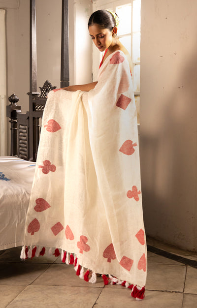 Stunning Off-White Linen Saree With 'Taash' Jamdani Work In Red