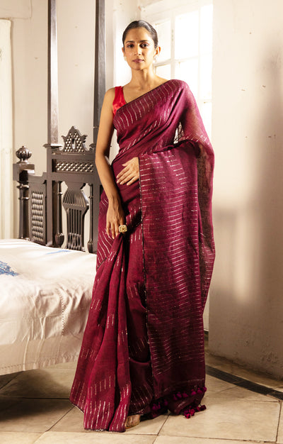 Stunning Berry  Linen Saree With Line Design & Woven In Sequence