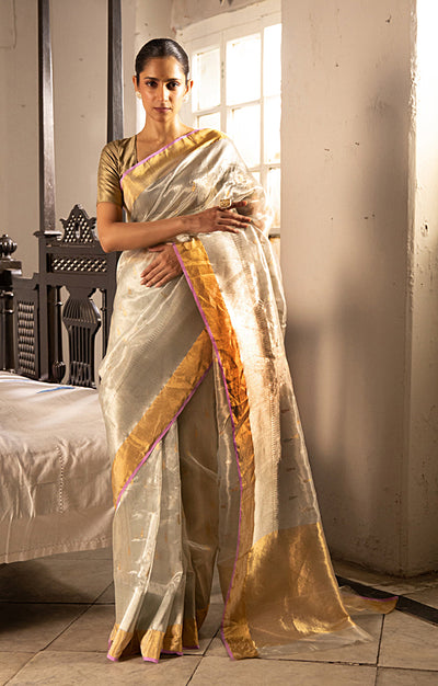 Silver Chanderi Silk Saree with Gold & Silver Zari Leaf Motif
