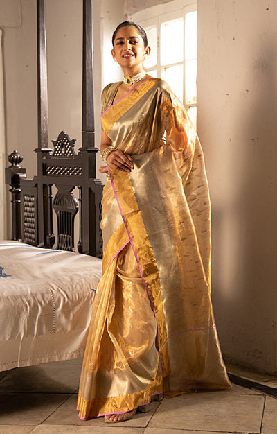 Gold Chanderi Silk Saree with Gold & Silver Zari Leaf Motif