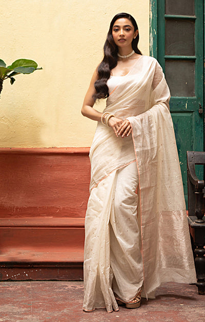 Ivory Chanderi Saree With Silver Buttas Along The Length of the Saree