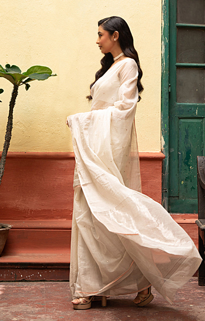 Ivory Chanderi Saree With Silver Buttas Along The Length of the Saree