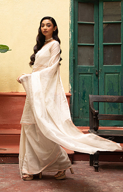 Ivory Chanderi Saree With Silver Buttas Along The Length of the Saree