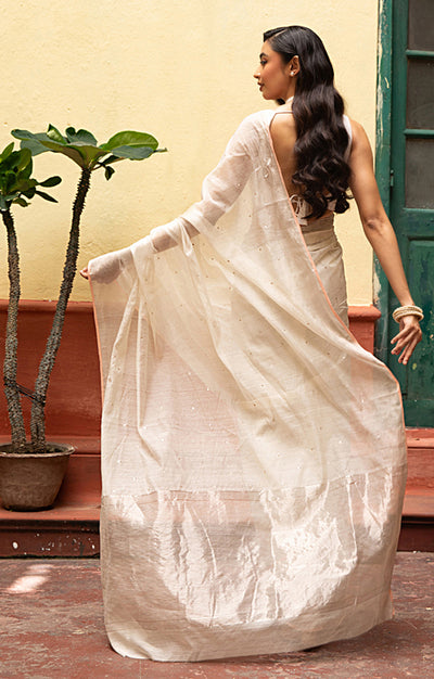 Ivory Chanderi Saree With Silver Buttas Along The Length of the Saree