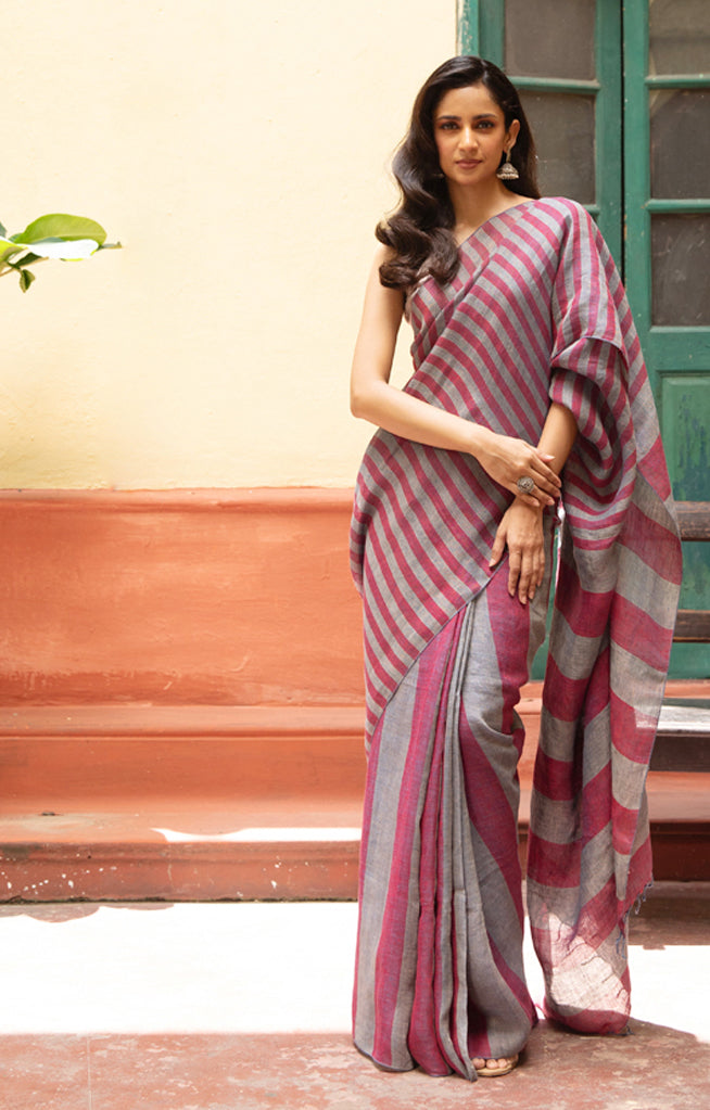 Grey & Berry Striped Linen Saree