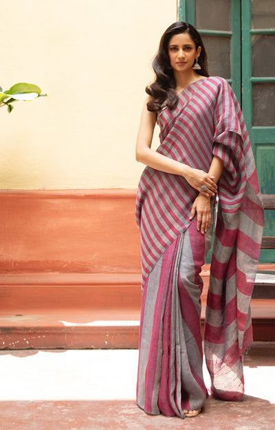 Grey & Berry Striped Linen Saree