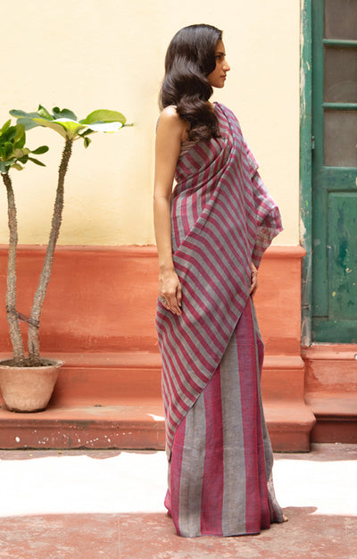 Grey & Berry Striped Linen Saree