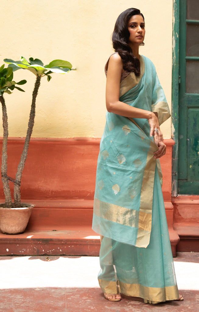 Ocean Blue Silk Cotton Chanderi Saree With Gold Zari Design