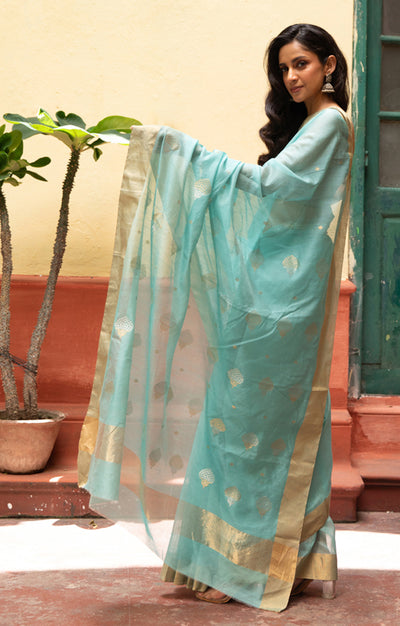 Ocean Blue Silk Cotton Chanderi Saree With Gold Zari Design