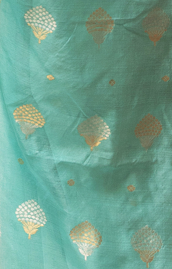 Ocean Blue Silk Cotton Chanderi Saree With Gold Zari Design