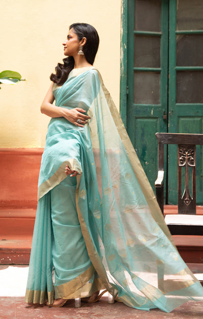 Ocean Blue Silk Cotton Chanderi Saree With Gold Zari Design