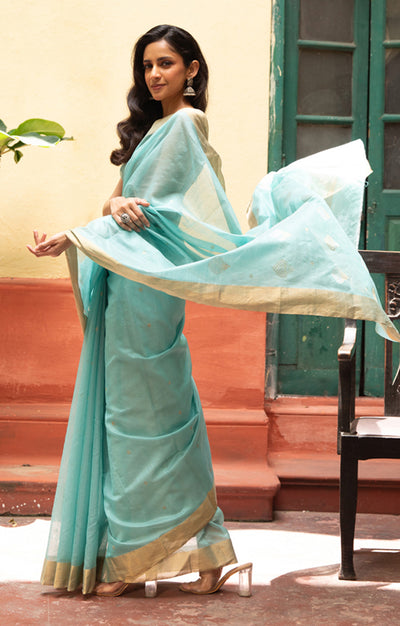 Ocean Blue Silk Cotton Chanderi Saree With Gold Zari Design