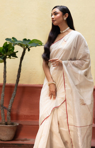 Ivory Chanderi Saree With Silver & Gold Cow Buttas Along The Length of the Saree