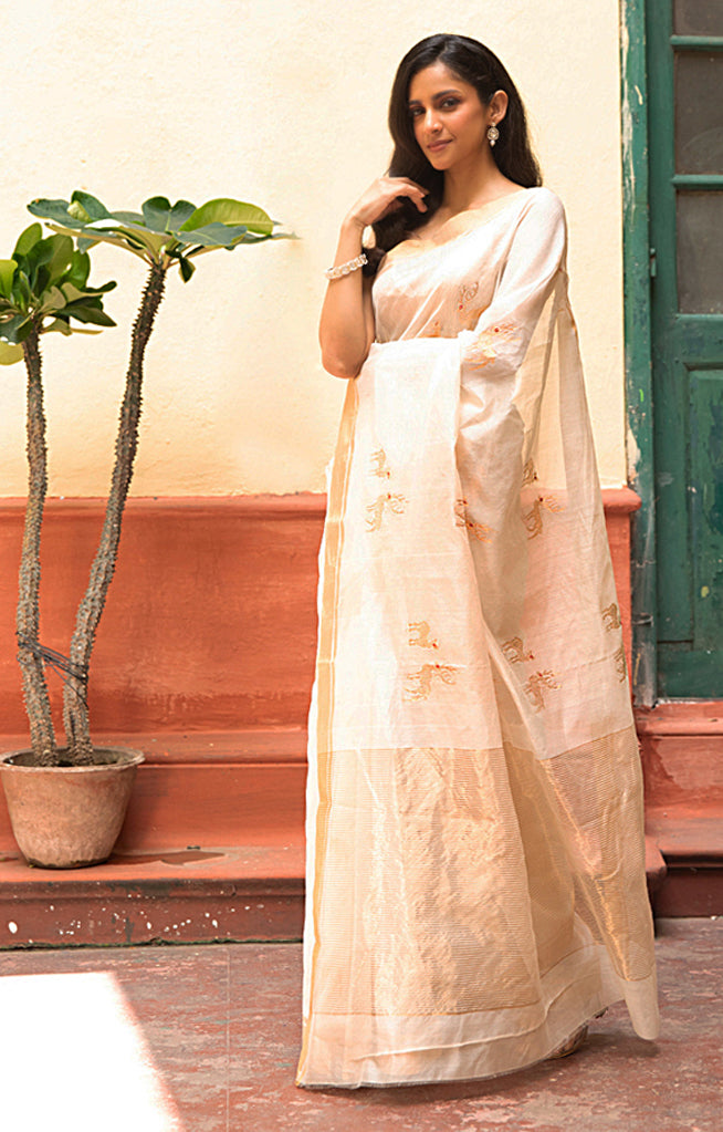 Ivory Chanderi Saree With Gold 'Deer Duo' Buttas Along The Length of the Saree