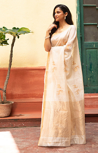 Ivory Chanderi Saree With Gold 'Deer Duo' Buttas Along The Length of the Saree