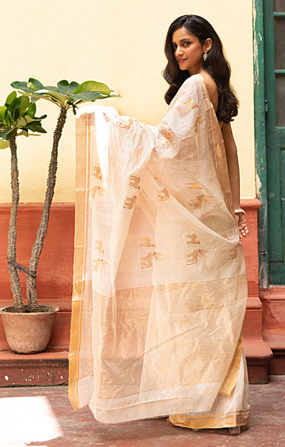 Ivory Chanderi Saree With Gold 'Deer Duo' Buttas Along The Length of the Saree