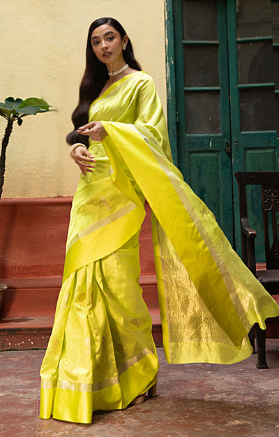 Volt Green Silk  Chanderi  Saree With Silver Fish Buttas Along The Length of the Saree