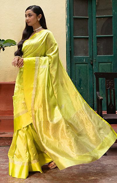 Volt Green Silk  Chanderi  Saree With Silver Fish Buttas Along The Length of the Saree