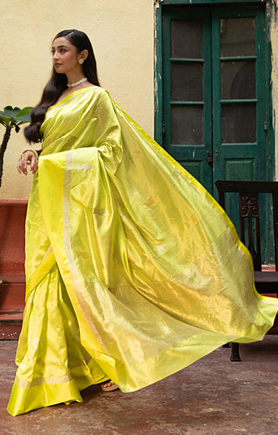 Volt Green Silk  Chanderi  Saree With Silver Fish Buttas Along The Length of the Saree