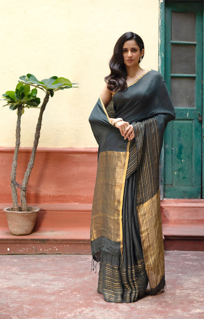 Navy Teal Textured Linen Saree With Striped Gold Zari Border & Pallu