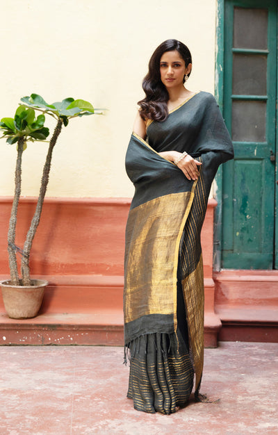 Navy Teal Textured Linen Saree With Striped Gold Zari Border & Pallu