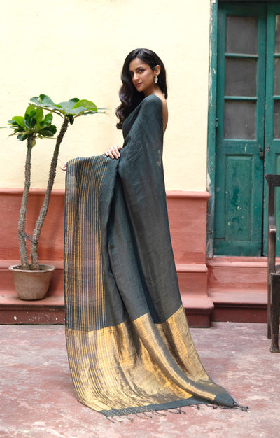Navy Teal Textured Linen Saree With Striped Gold Zari Border & Pallu