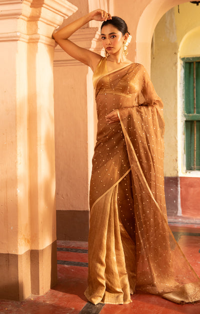 Golden Beige Matka Silk Saree With Woven In Shell Sequence
