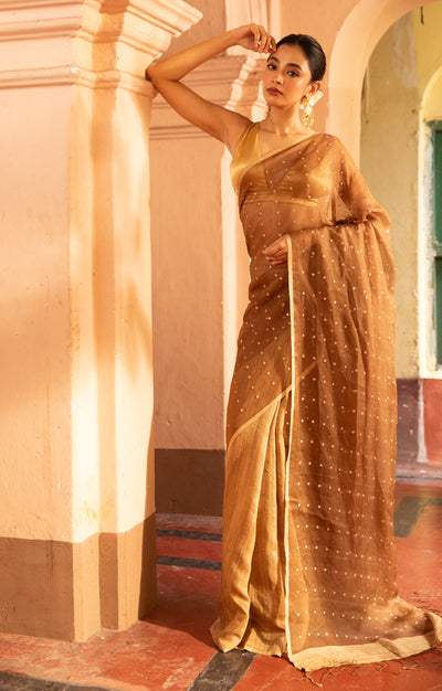 Golden Beige Matka Silk Saree With Woven In Shell Sequence