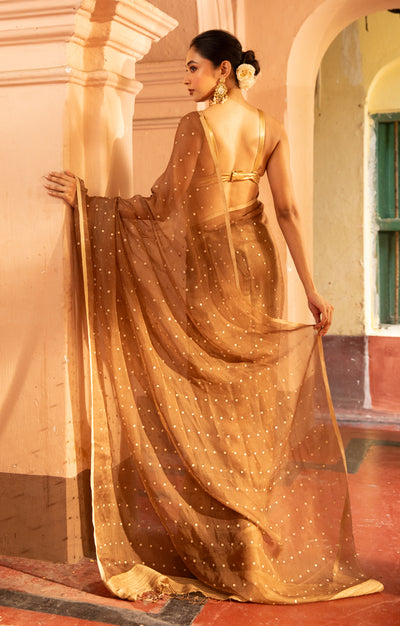 Golden Beige Matka Silk Saree With Woven In Shell Sequence