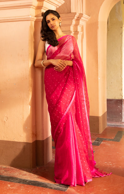 Fuchsia Pink  Matka Silk Saree With Woven In Shell Sequence