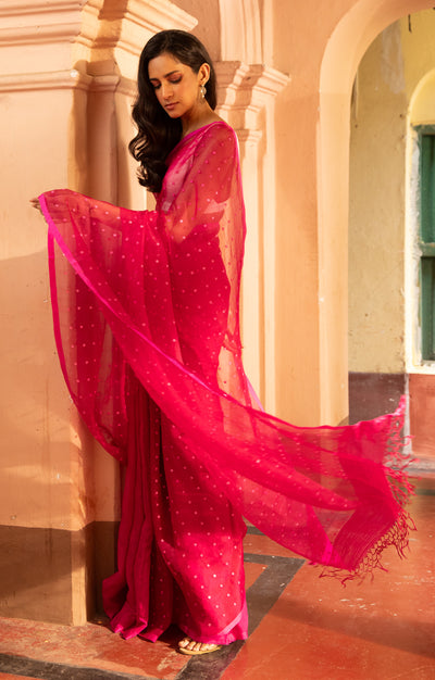 Fuchsia Pink  Matka Silk Saree With Woven In Shell Sequence