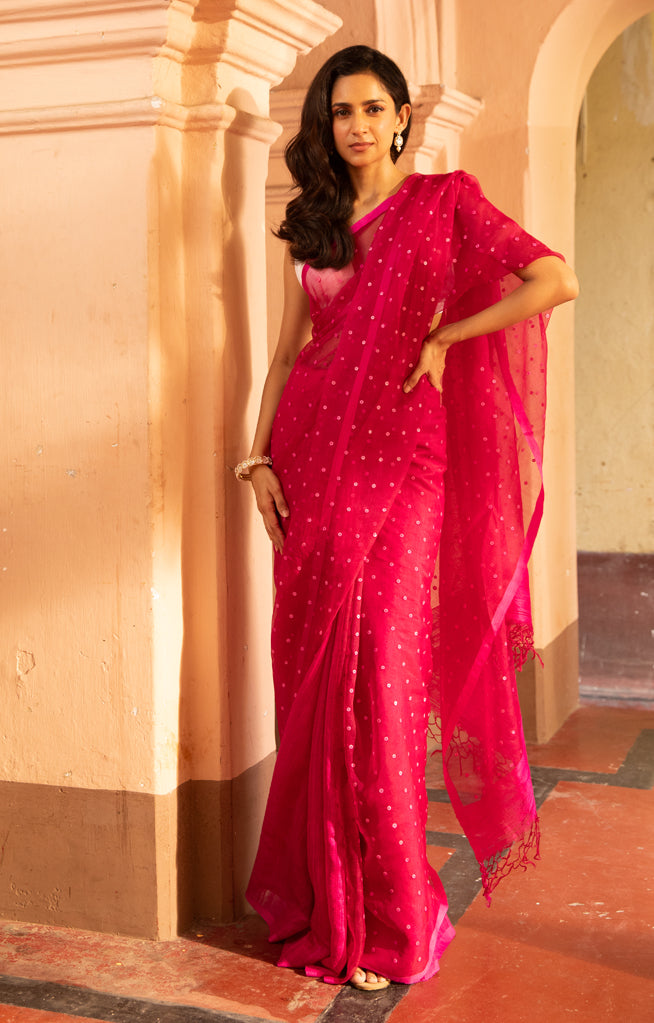 Fuchsia Pink  Matka Silk Saree With Woven In Shell Sequence