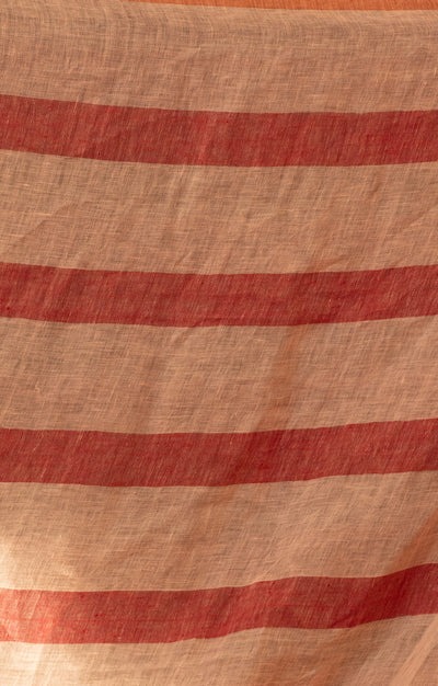 Coral, Maroon & Cream Horizontal Striped Linen Saree