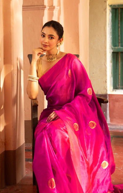 Stunning Fuchsia Silk Chanderi Saree With Woven Buttas