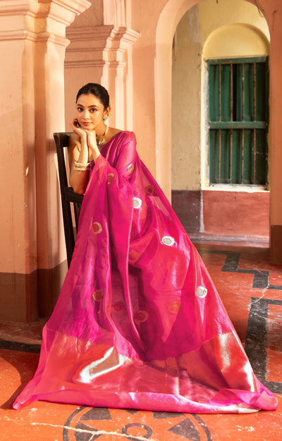 Stunning Fuchsia Silk Chanderi Saree With Woven Buttas