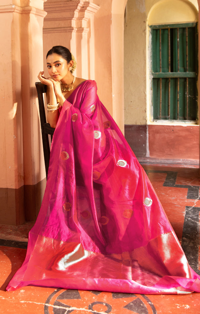 Stunning Fuchsia Silk Chanderi Saree With Woven Buttas