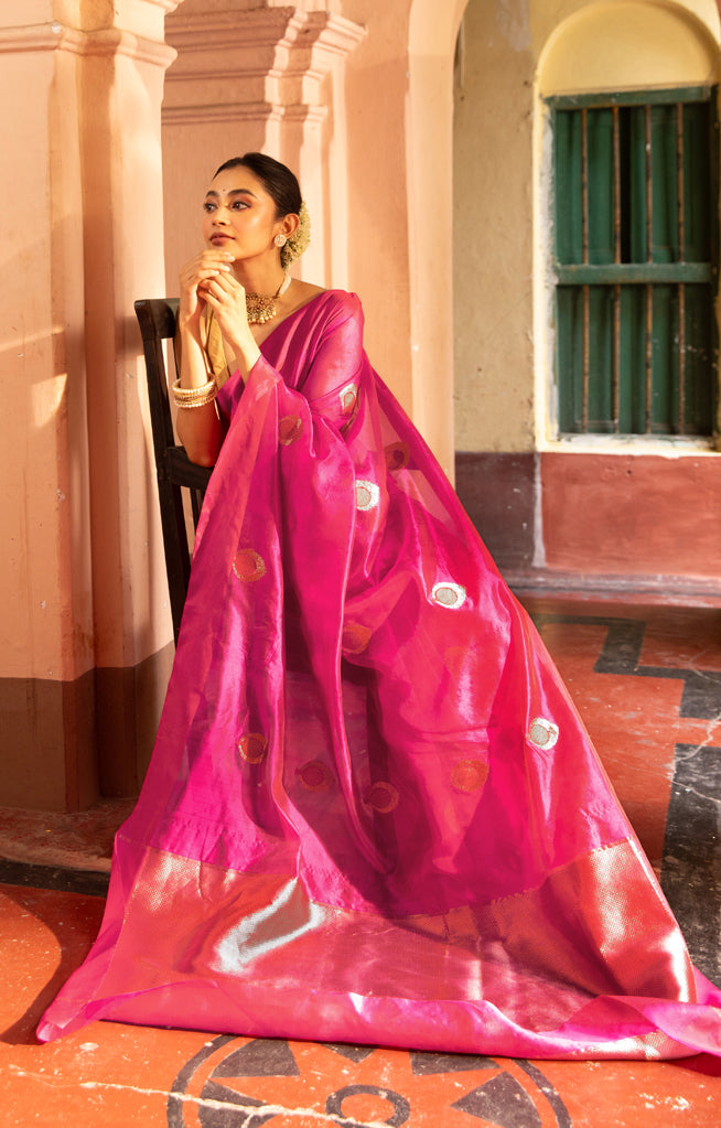 Stunning Fuchsia Silk Chanderi Saree With Woven Buttas
