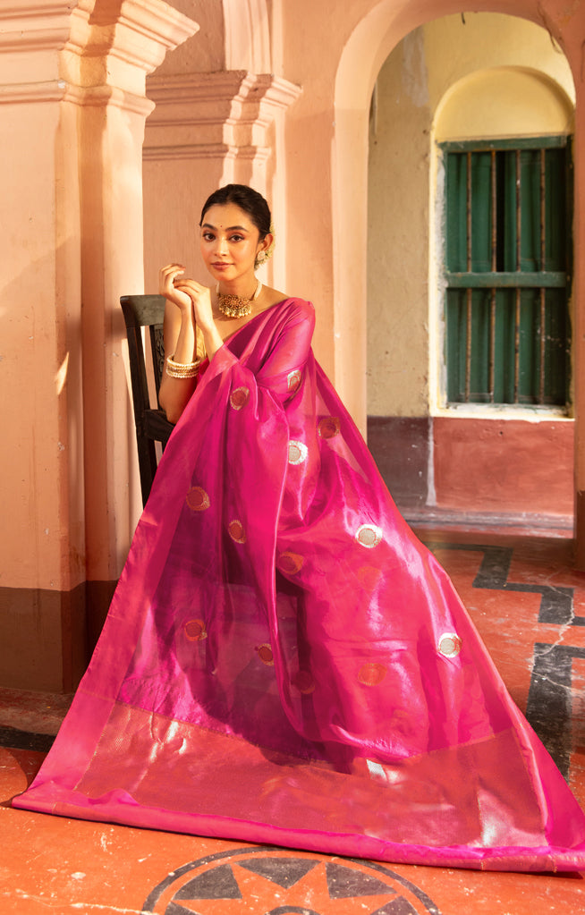 Stunning Fuchsia Silk Chanderi Saree With Woven Buttas