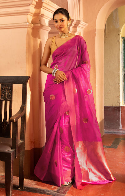 Stunning Fuchsia Silk Chanderi Saree With Woven Buttas