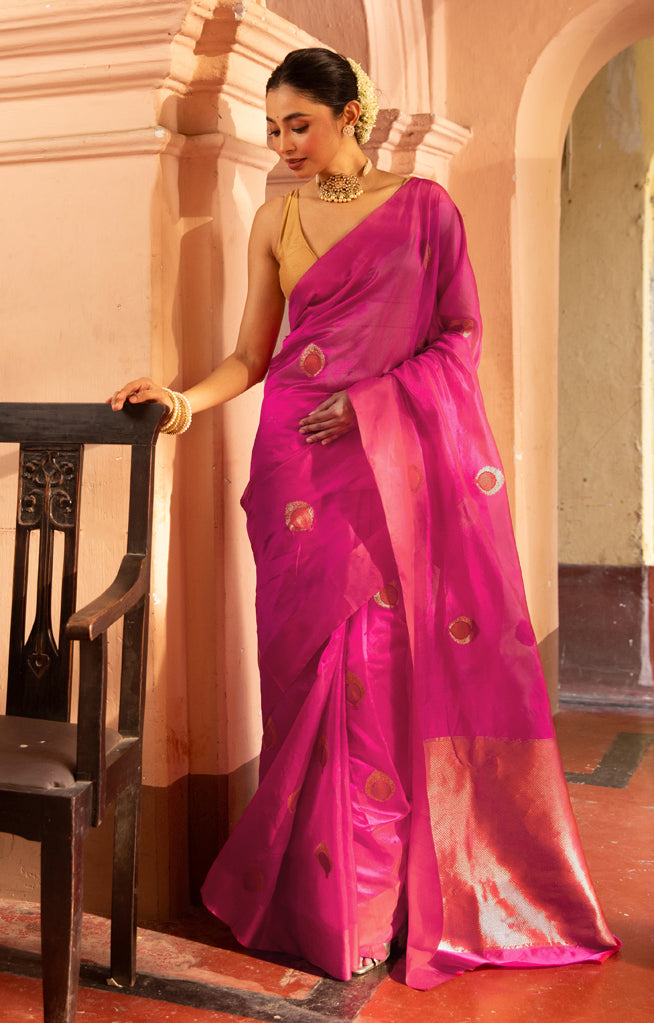 Stunning Fuchsia Silk Chanderi Saree With Woven Buttas