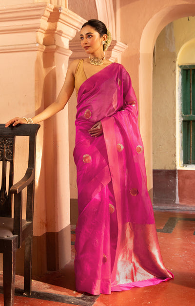 Stunning Fuchsia Silk Chanderi Saree With Woven Buttas