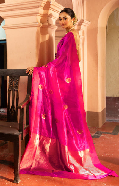 Stunning Fuchsia Silk Chanderi Saree With Woven Buttas