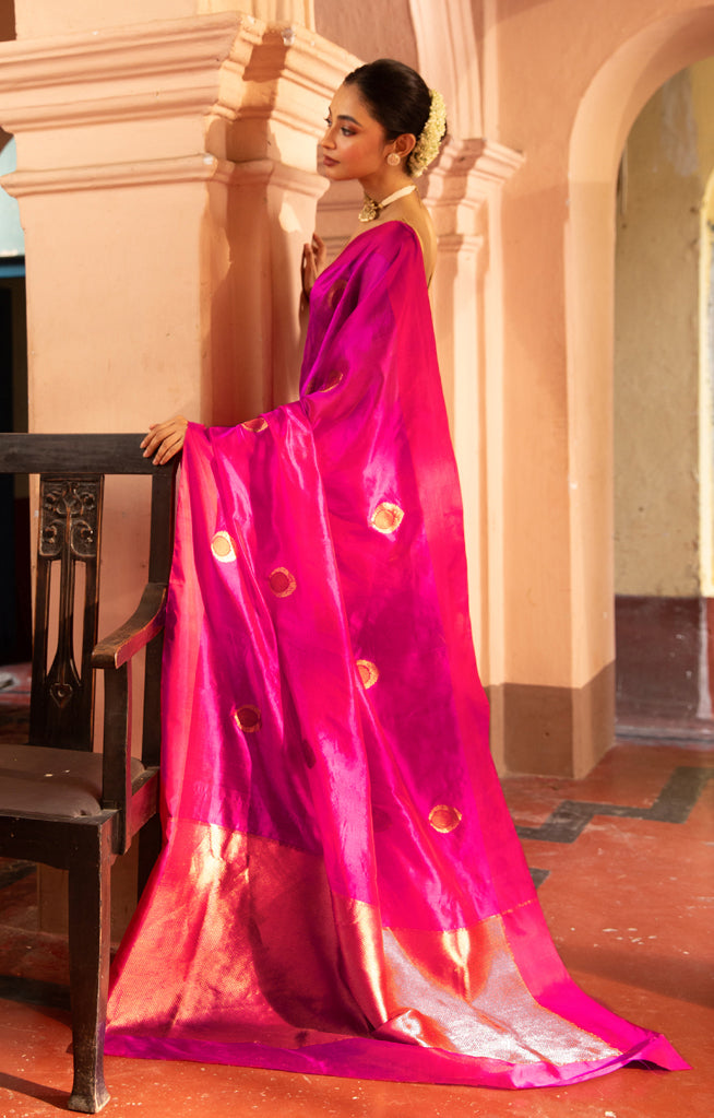 Stunning Fuchsia Silk Chanderi Saree With Woven Buttas