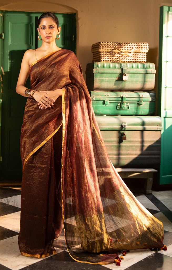 Bronze Tissue Linen Saree With Thin Zari Stripes