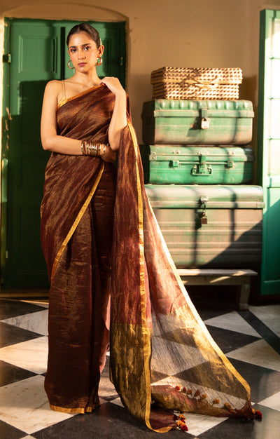 Bronze Tissue Linen Saree With Thin Zari Stripes