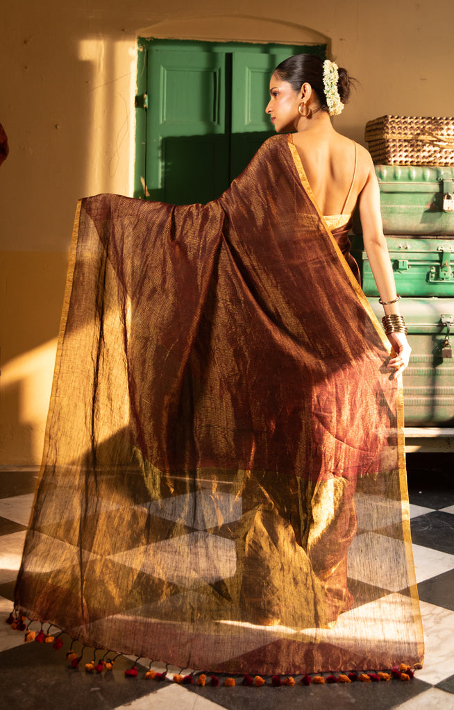 Bronze Tissue Linen Saree With Thin Zari Stripes