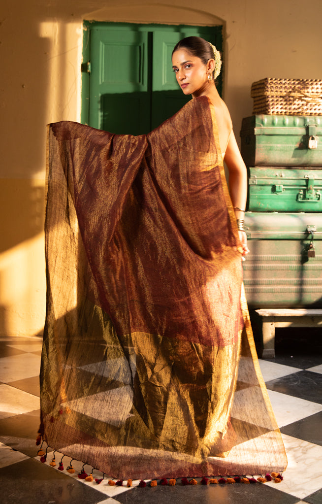 Bronze Tissue Linen Saree With Thin Zari Stripes